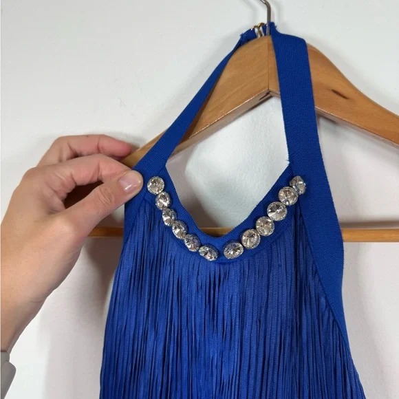 Karen Millen Bandage Knit Fringe Dress Cobalt Blue XS